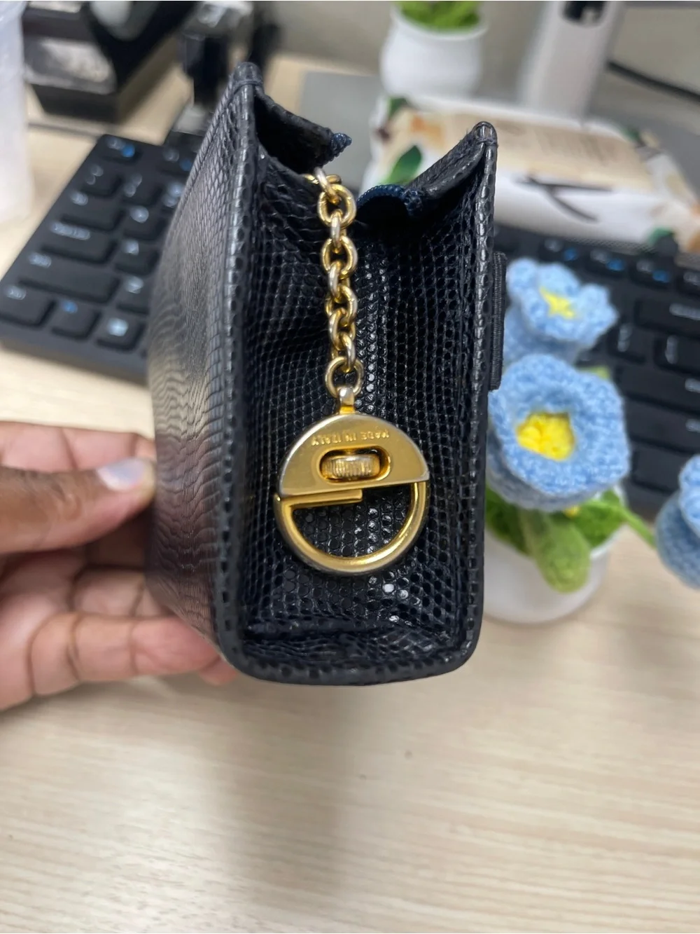 Salvatore Ferragamo Navy Vara Bow Leather Gold Accent Coin Purse w/Key Attchment
